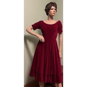 Vintage ANNE FOGARTY Margot Red Velvet Tiered/Fit & Flare DRESS 1950s